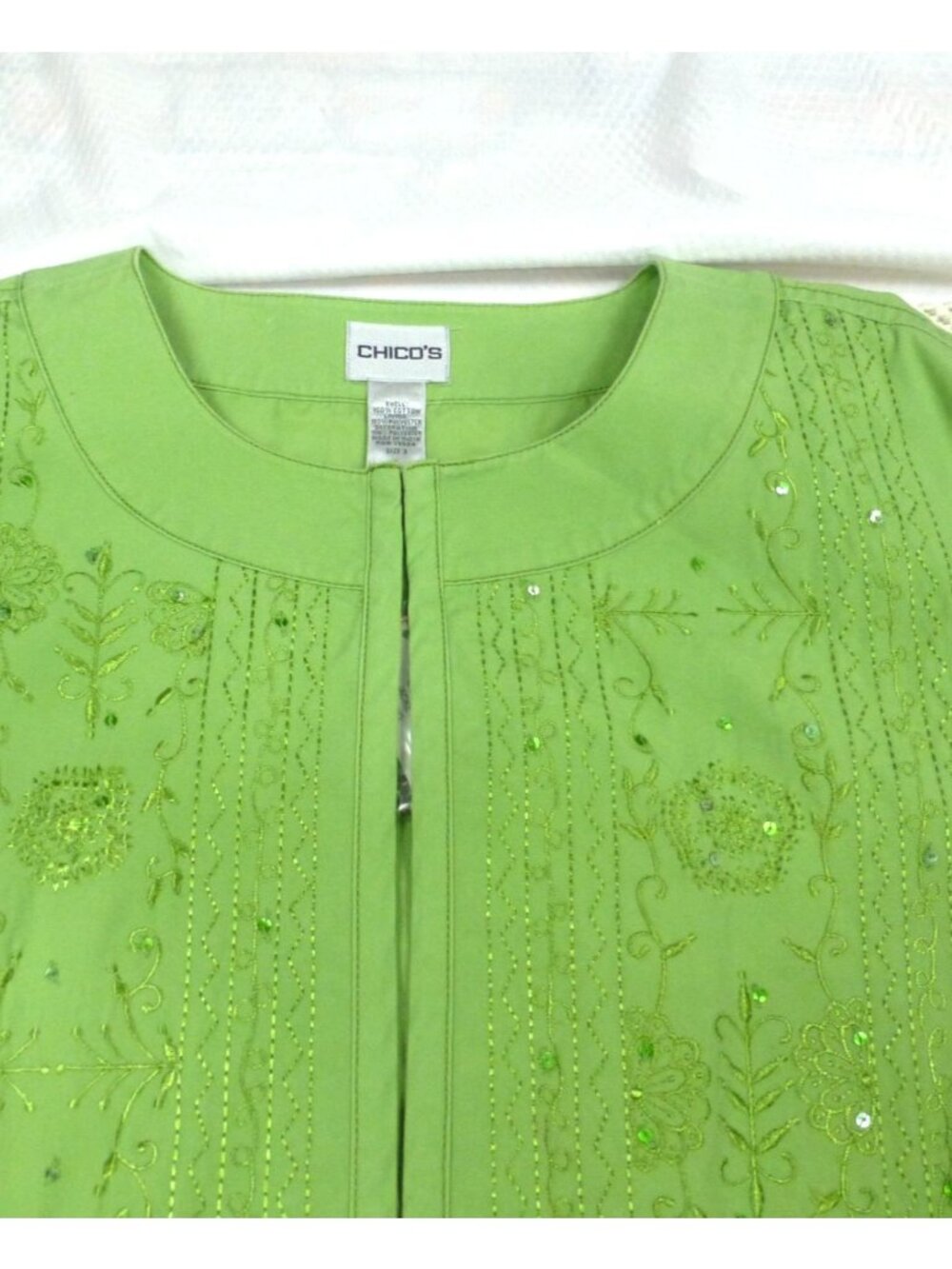 Chicos Carrie Ann Gecko Embellished Green Jacket Size 3 Beaded Floral Design NWT - Picture 3 of 13